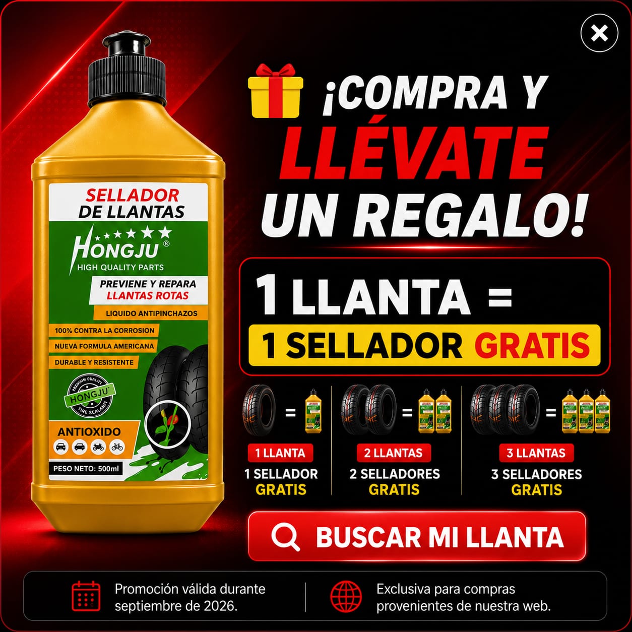 Promoción Bikersoul septiembre 2026 - 1 llanta, 1 sellador gratis