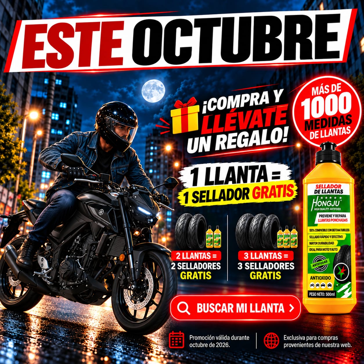 Promoción Bikersoul octubre 2026 - compra una llanta y llévate un sellador gratis